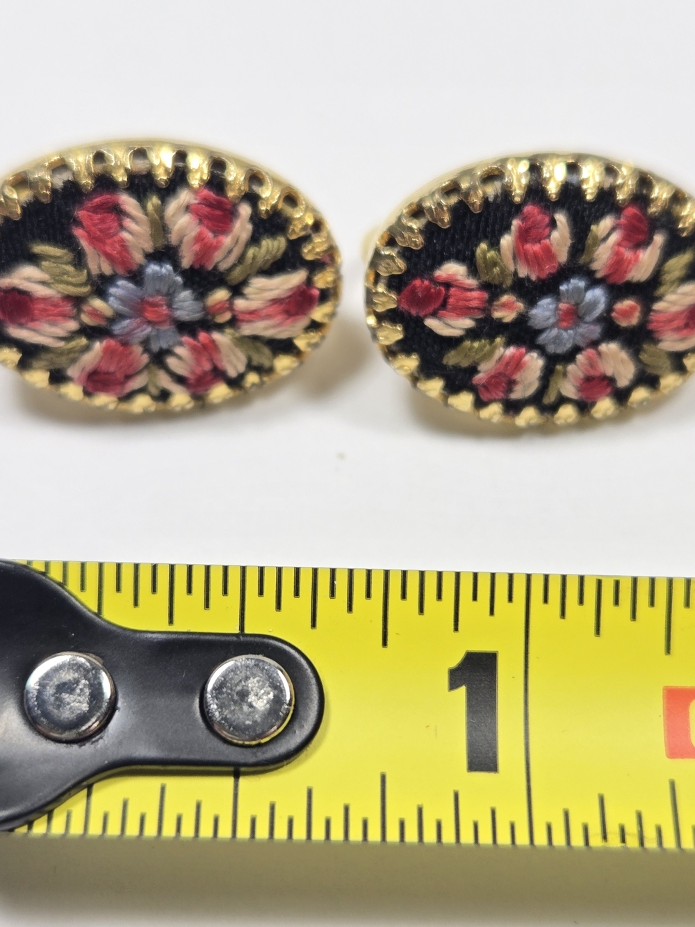 Vintage Petite Point Floral Embroidered Oval Clip On Earrings in Black and Gold - Picture 5 of 9